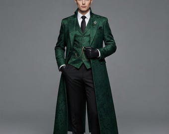 Green Steampunk Tailcoat for Men, Gothic Victorian Costume, Long Baroque Jacket, Masquerade and Renaissance Festival Outfit