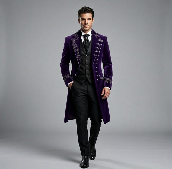 Luxury Velvet Gothic Tailcoat for Men, Steampunk Jacket with Purple Embroidery, Formal Wedding Suit, Victorian Long Coat