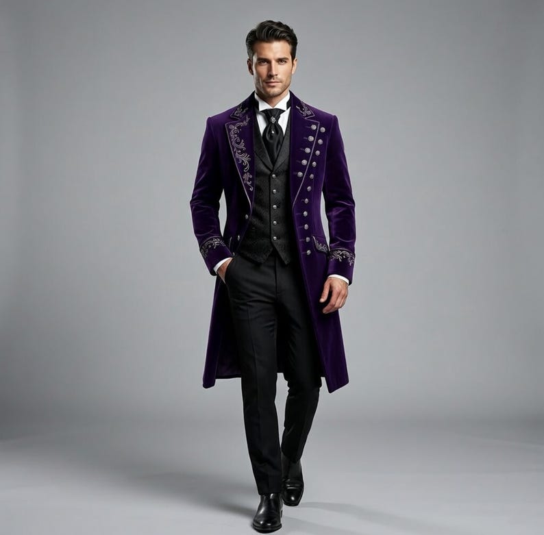 Frac gotico di lusso in velluto per uomo, giacca steampunk con ricami viola, abito formale da matrimonio, cappotto lungo vittoriano immagine 1