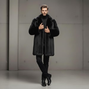 Luxury Men's Black Mink Fur Coat - Elegant Winter Outerwear, Warm and Stylish Leather Faux Fur Jacket for Men image 4
