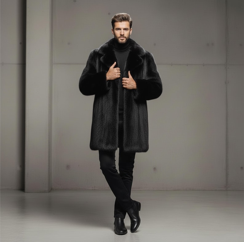 Luxury Men's Black Mink Fur Coat - Elegant Winter Outerwear, Warm and Stylish Leather Faux Fur Jacket for Men image 4