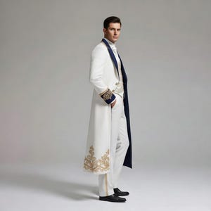 Royal White Men's Coat - Victorian Wedding Suit - Gold Embroidery Long coat - Prince Charming Costume - Regency Groom Wear image 3