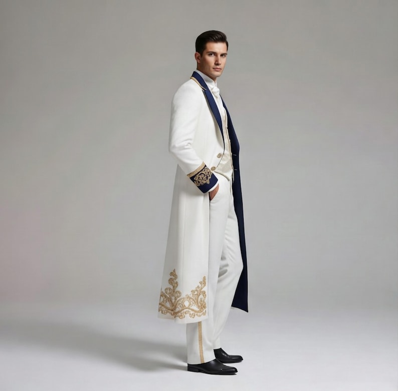 Royal White Men's Coat - Victorian Wedding Suit - Gold Embroidery Long coat - Prince Charming Costume - Regency Groom Wear image 3