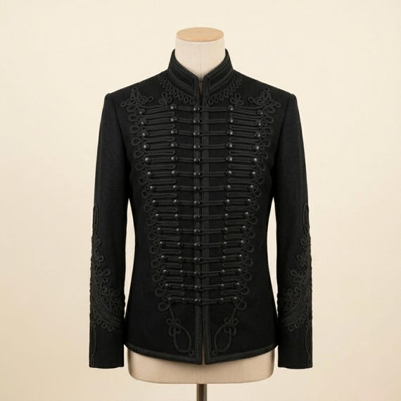 Men’s Black Wool Military Jacket, Vintage Napoleonic Uniform, Steampunk Pelisse Style Coat, Hussar Tunic, Gothic Parade Costume