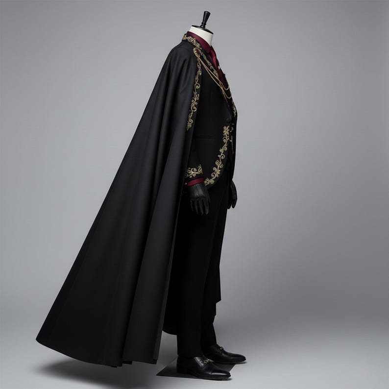 K&ouml;nnte beinhalten: Ein schwarzer Umhang &uuml;ber einem schwarzen Anzug mit Sakko und Hose, verziert mit goldener Stickerei an Revers und &Auml;rmelb&uuml;ndchen. Das Ensemble umfasst ein dunkelrotes Hemd, eine goldene Kette als Accessoire und schwarze Anzugschuhe auf einer Puppe.