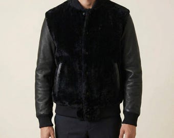 Men’s Black Faux Fur Varsity Leather Jacket, Luxury Winter Coat, Premium Streetwear Bomber Jacket, Handmade Custom Outerwear