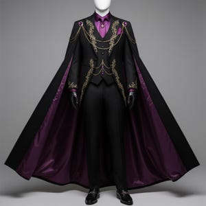 K&ouml;nnte beinhalten: Ein schwarzer Anzug bestehend aus Weste, Hose und einem langen Umhang mit violettem Innenfutter. Das Ensemble ist mit goldener Stickerei, Goldketten und violetten Edelsteinakzenten verziert. Unter der schwarzen Weste wird ein violettes Hemd getragen.
