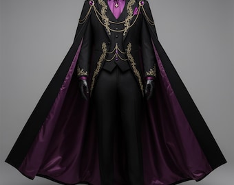May include: A black suit featuring a vest, trousers, and a long cape with a purple lining. The ensemble is decorated with gold embroidery, gold chains, and purple gemstone accents. A purple shirt is worn underneath the black vest and jacket.