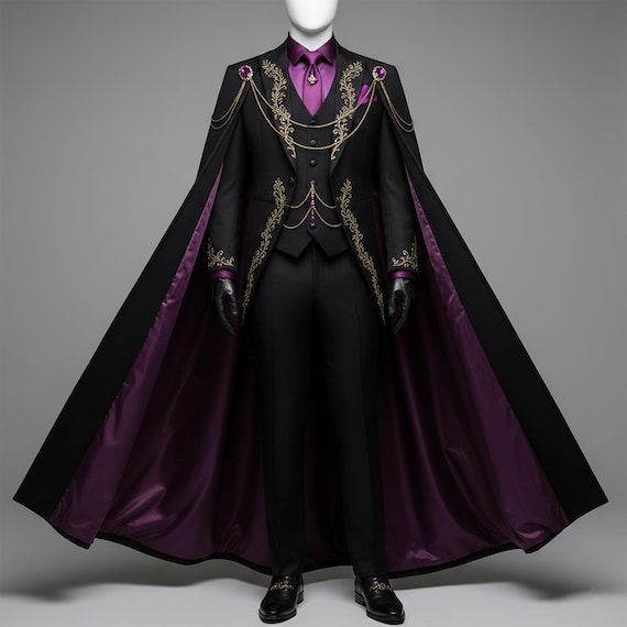 Men's Black & Royal Purple Gothic Victorian Suit with Cape –  Vampire Prince Formal Wear, Gothic Groom Outfit, Embroidered Aristocrat