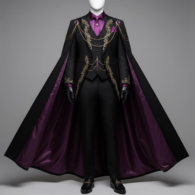K&ouml;nnte beinhalten: Ein schwarzer Anzug bestehend aus Weste, Hose und einem langen Umhang mit violettem Innenfutter. Das Ensemble ist mit goldener Stickerei, Goldketten und violetten Edelsteinakzenten verziert. Unter der schwarzen Weste wird ein violettes Hemd getragen.