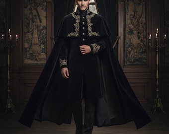 Black Gothic Victorian Tailcoat Cape Set Gold Embroidered Mens Prom Formal Suit