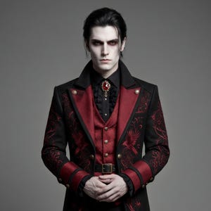 Victorian Gothic Vampire Coat for Halloween - Black & Red Embroidered Steampunk Tailcoat for Mens image 2