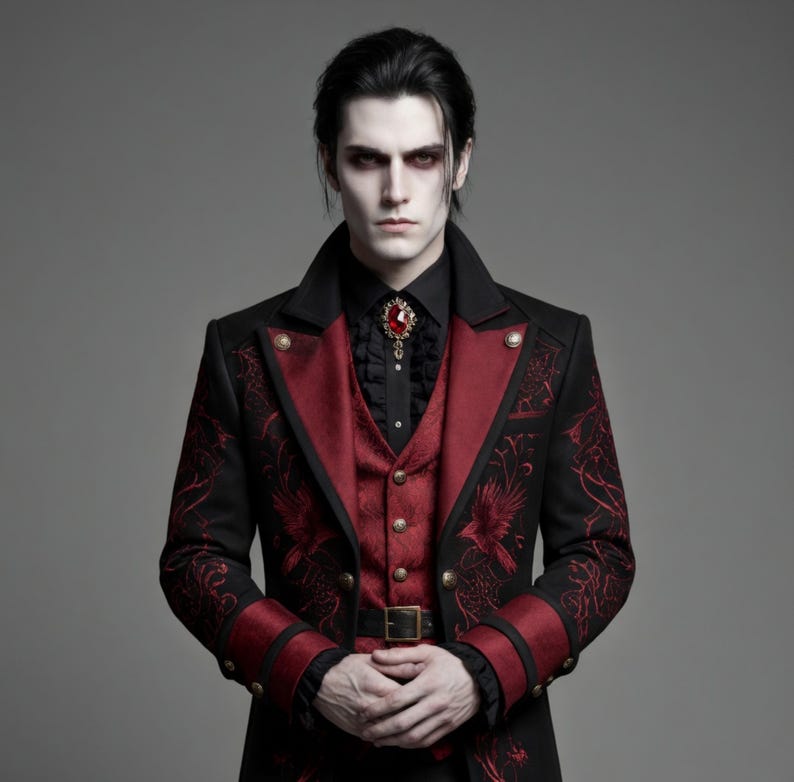 Victorian Gothic Vampire Coat for Halloween - Black & Red Embroidered Steampunk Tailcoat for Mens image 2