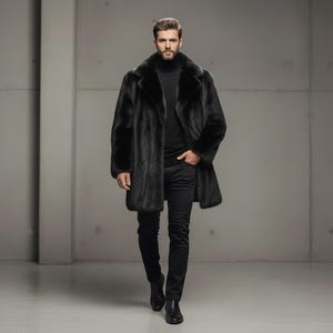 Luxury Men's Black Mink Fur Coat - Elegant Winter Outerwear, Warm and Stylish Leather Faux Fur Jacket for Men image 3