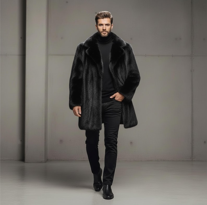 Luxury Men's Black Mink Fur Coat - Elegant Winter Outerwear, Warm and Stylish Leather Faux Fur Jacket for Men image 3