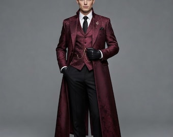 Victorian Tailcoat Burgundy Men – Brocade Steampunk Formal Long Jacket, Gothic Wedding Coat, Aristocrat Costume Outfit