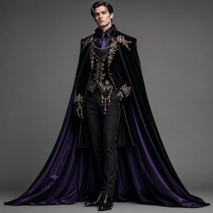 Könnte beinhalten: Ein bodenlanger Umhang aus schwarzem Samt mit tiefviolettem Innenfutter, getragen über einer schwarzen Weste und Jacke mit goldener Stickerei und violetten Edelsteinakzenten. Das Ensemble umfasst eine violette Krawatte, schwarze Hose, Handschuhe und Schuhe.