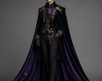 Königlicher Gothic Mantel Herren, Schwarz Lila Vampir Umhang, Viktorianisches Hochzeit Fantasy Kostüm