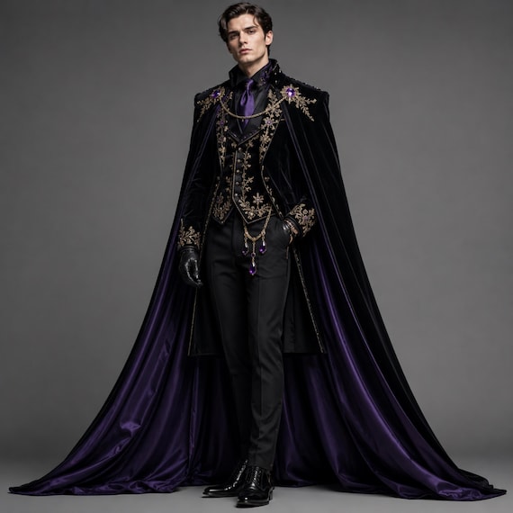 Royal Gothic Coat Men, Black Purple Vampire Cape, Victorian Wedding Fantasy Costume