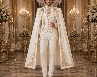 Royal Gothic Coat Men, White Vampire Cape, Victorian Wedding Fantasy Costume