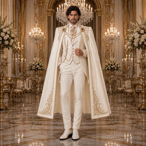Royal Gothic Coat Men, White Vampire Cape, Victorian Wedding Fantasy Costume