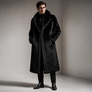 Men’s Black Faux Fur Coat, Luxury Winter Overcoat, Long Plush Designer Coat, Premium Synthetic Fur Outerwear, Handmade Custom Coat