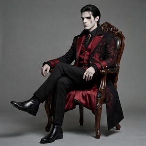 Victorian Gothic Vampire Coat for Halloween - Black & Red Embroidered Steampunk Tailcoat for Mens image 3