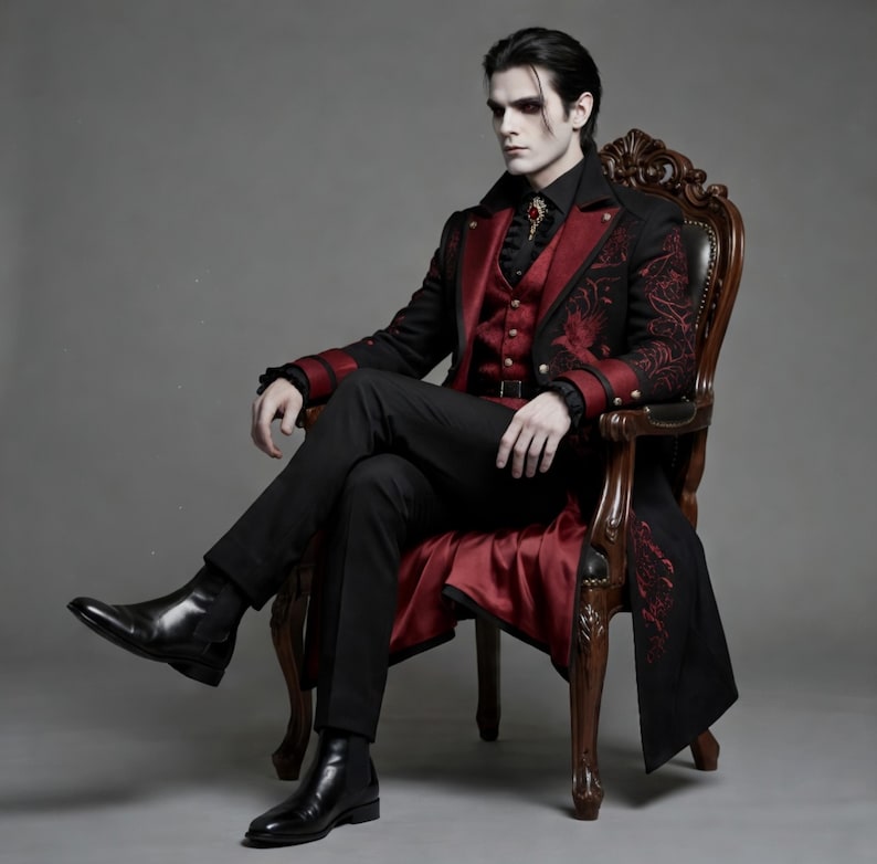 Victorian Gothic Vampire Coat for Halloween - Black & Red Embroidered Steampunk Tailcoat for Mens image 3