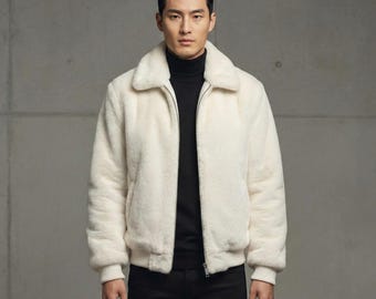 Men’s White Faux Fur Jacket, Luxury Winter Coat for Men, Premium Synthetic Fur Jacket, Warm Streetwear Outerwear, Handmade Custom Coat