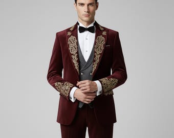 Traje de boda de terciopelo burdeos para hombre – Traje de novio victoriano gótico bordado de 3 piezas,