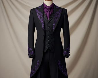 Herren Gothic Mantel, Schwarz Lila Viktorianischer Frack, Steampunk Hochzeitsjacke, Aristokrat Kostüm Outfit