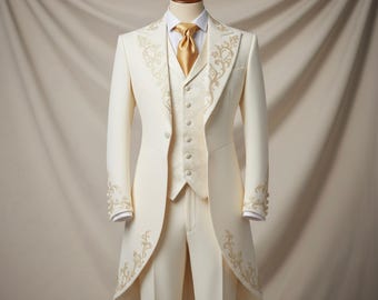 Traje de frac gótico color marfil y oro, estilo victoriano, bordado, para bodas y eventos formales.