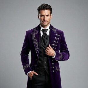Pu&ograve; includere: Un cappotto formale in velluto viola con ricami argentati e numerosi bottoni argentati. &Egrave; abbinato a un gilet nero, camicia e cravatta. L'outfit &egrave; un elegante esempio di abbigliamento formale.