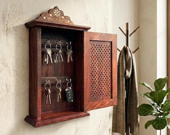 Handgemaakte massief houten sleutelhouderkast | Rustieke vintage wandopberger