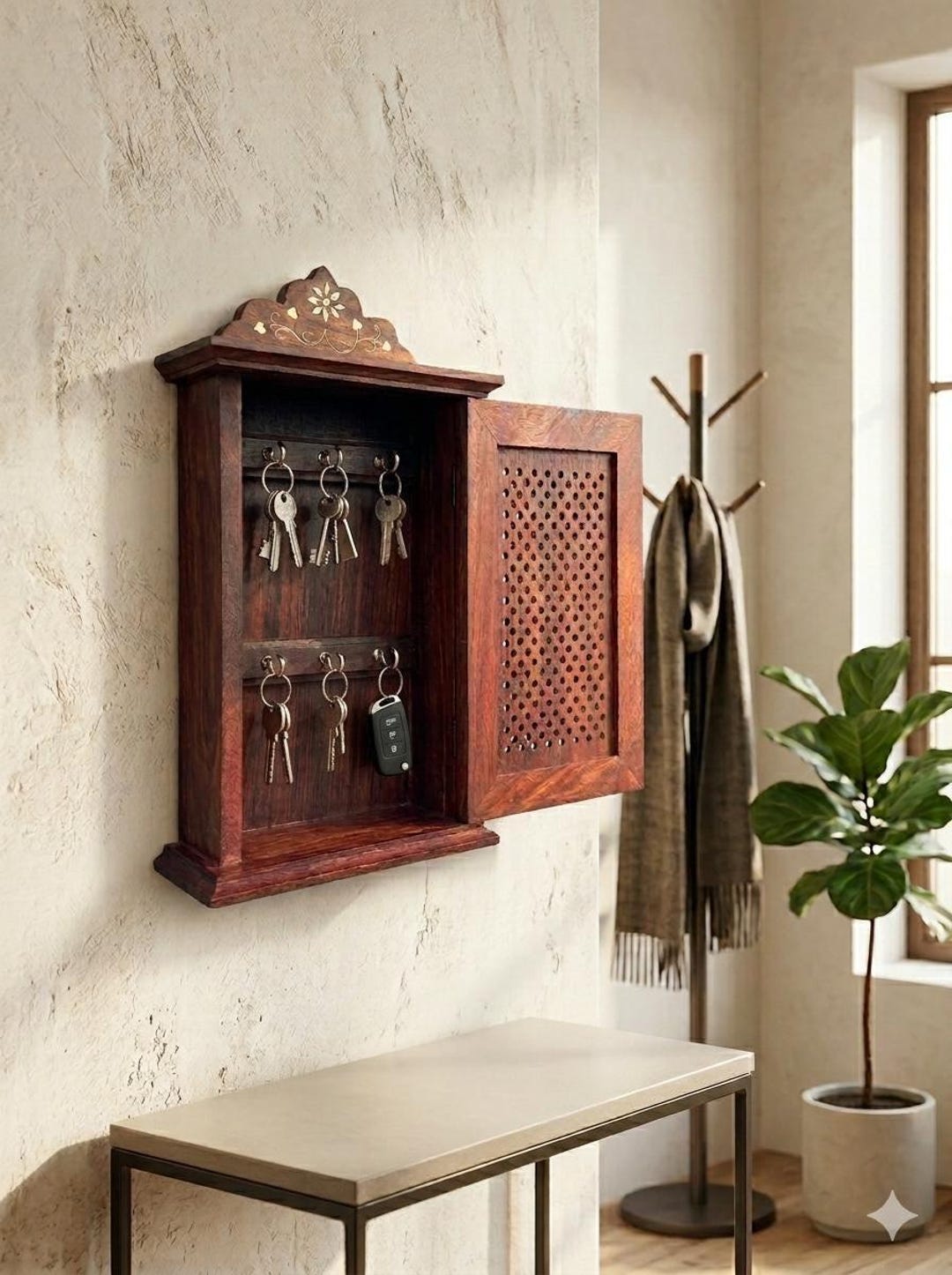 Handcrafted Solid Wood Key Holder Cabinet | Rustic Vintage Wall Organizer