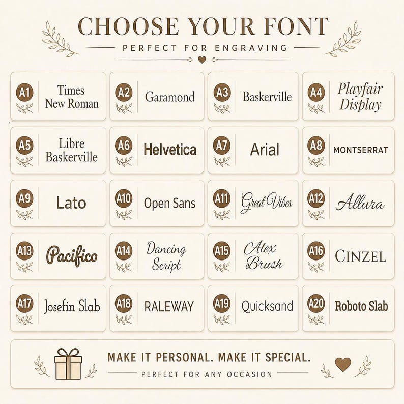 K&ouml;nnte beinhalten: Eine Schriftart-Auswahltabelle mit zwanzig nummerierten Optionen von A1 bis A20, die verschiedene Schriftarten wie Times New Roman, Garamond, Baskerville, Playfair Display, Libre Baskerville, Helvetica, Arial, Montserrat, Lato, Open Sans, Great Vibes, Allura, Pacifico, Dancing Script, Alex Brush, Cinzel, Josefin Slab, Raleway, Quicksand und Roboto Slab zeigt, mit dem Text CHOOSE YOUR FONT und MAKE IT PERSONAL. MAKE IT SPECIAL.