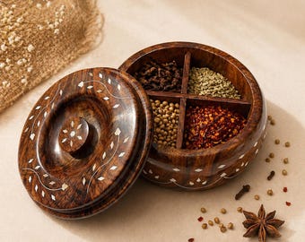 Handgemaakte houten masaladoos met deksel | 4-delige kruidenopberger, opberger voor droog fruit