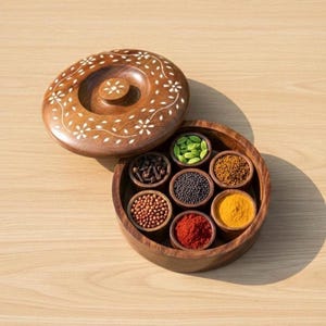 Handmade Wooden Masala Box with Carved Lid | Indian Spice Container Organizer