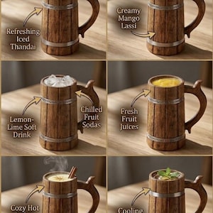 K&ouml;nnte beinhalten: Eine Sammlung von sechs Holzkr&uuml;gen mit silberfarbenen Metallb&auml;ndern und Griffen, die jeweils mit verschiedenen Getr&auml;nken gef&uuml;llt sind, beschriftet als Refreshing Iced Thandai, Creamy Mango Lassi, Lemon-Lime Soft Drink, Chilled Fruit Sodas, Fresh Fruit Juices und Cozy Hot Badam Milk.