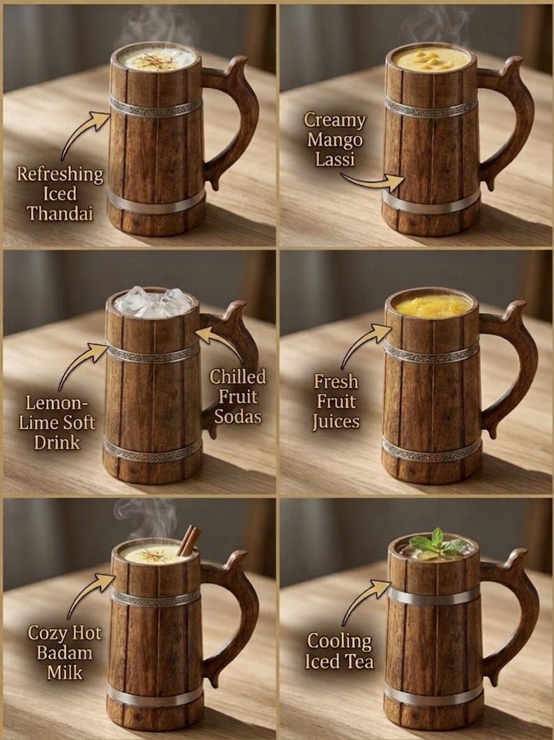 K&ouml;nnte beinhalten: Eine Sammlung von sechs Holzkr&uuml;gen mit silberfarbenen Metallb&auml;ndern und Griffen, die jeweils mit verschiedenen Getr&auml;nken gef&uuml;llt sind, beschriftet als Refreshing Iced Thandai, Creamy Mango Lassi, Lemon-Lime Soft Drink, Chilled Fruit Sodas, Fresh Fruit Juices und Cozy Hot Badam Milk.