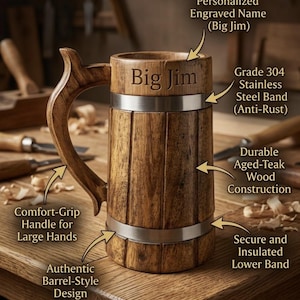 K&ouml;nnte beinhalten: Ein h&ouml;lzerner Bierkrug im Fass-Design mit einem komfortablen Griff, zwei Edelstahlb&auml;ndern und der Gravur Big Jim. Der Krug besteht aus gealtertem Teakholz und verf&uuml;gt &uuml;ber ein sicheres, isoliertes unteres Band.