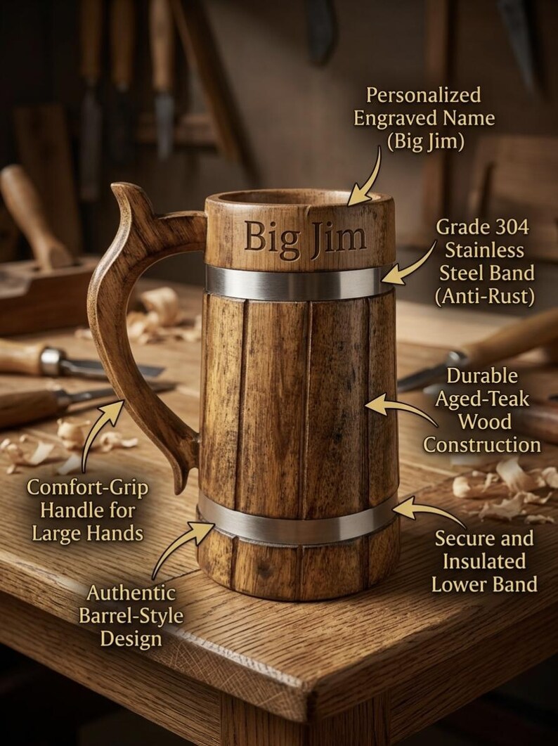 K&ouml;nnte beinhalten: Ein h&ouml;lzerner Bierkrug im Fass-Design mit einem komfortablen Griff, zwei Edelstahlb&auml;ndern und der Gravur Big Jim. Der Krug besteht aus gealtertem Teakholz und verf&uuml;gt &uuml;ber ein sicheres, isoliertes unteres Band.