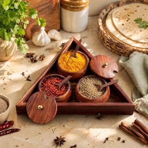 Personalized Sheesham Wood Spice Box, Engraved Masala Dabba with Tray, Housewarming Gift