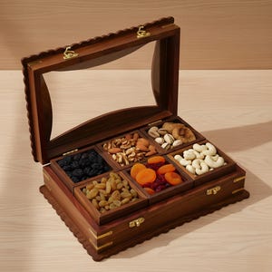May include: A wooden serving box with a glass lid, divided into six compartments. Each compartment contains a different type of dried fruit and nuts, including raisins, apricots, cashews, walnuts, and pistachios. The box has brass corner accents.
