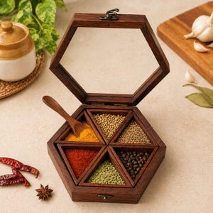 May include: A hexagonal wooden spice box with a clear glass lid, open to reveal six triangular compartments filled with various spices. A small wooden spoon rests in one compartment. The box is dark brown, and the spices are in shades of yellow, red, and green.
