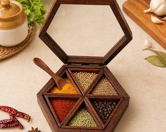 Handgefertigte Hexagon-Gewürzbox | Sheeshamholz Masala Dabba, Organizer mit 6 Fächern