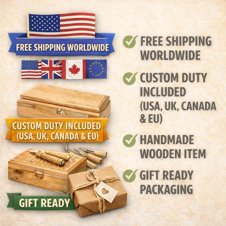 K&ouml;nnte beinhalten: Eine Grafik mit dem Text FREE SHIPPING WORLDWIDE, CUSTOM DUTY INCLUDED (USA, UK, CANADA & EU), HANDMADE WOODEN ITEM und GIFT READY PACKAGING. Enth&auml;lt Bilder von Holzkisten, Schnitzwerkzeugen und verschiedenen Nationalflaggen.