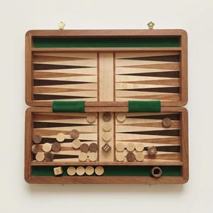 Könnte beinhalten: Ein Backgammon-Spielset aus Holz mit einem aufklappbaren Koffer, der mit hellen und dunklen Holzdreiecken verziert ist, einem grünen Filzinnenraum sowie runden Spielsteinen aus hellem und dunklem Holz und mehreren Holzwürfeln.