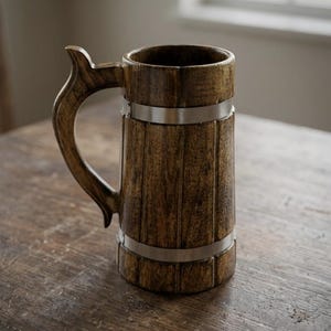 K&ouml;nnte beinhalten: Ein zylindrischer Bierkrug aus Holz mit dunkelbrauner Oberfl&auml;che und sichtbarer Holzmaserung. Der Krug ist mit zwei horizontalen, silberfarbenen Metallb&auml;ndern verziert und verf&uuml;gt &uuml;ber einen geschwungenen Griff an der Seite.