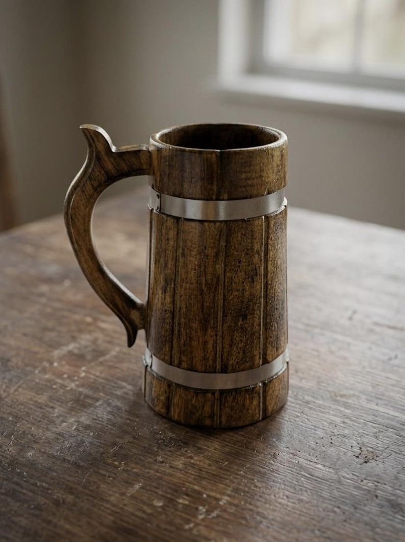 K&ouml;nnte beinhalten: Ein zylindrischer Bierkrug aus Holz mit dunkelbrauner Oberfl&auml;che und sichtbarer Holzmaserung. Der Krug ist mit zwei horizontalen, silberfarbenen Metallb&auml;ndern verziert und verf&uuml;gt &uuml;ber einen geschwungenen Griff an der Seite.